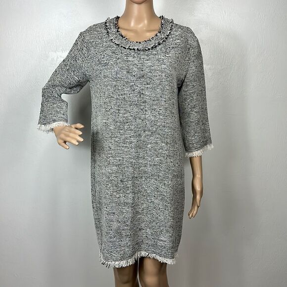 IRO Birnie Black And White Tweed Fringe Trim 3/4 Sleeve Dress Size 8 - Picture 2 of 10